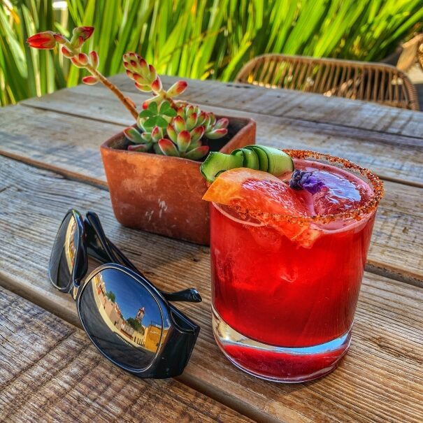 Red drink, sunglasses, and a plant